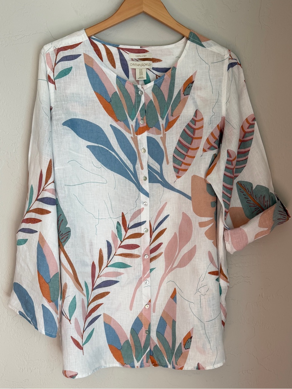Cynthia Rowley Women's Linen White Tunic with Blue, Pink & Orange Leaf Print Top